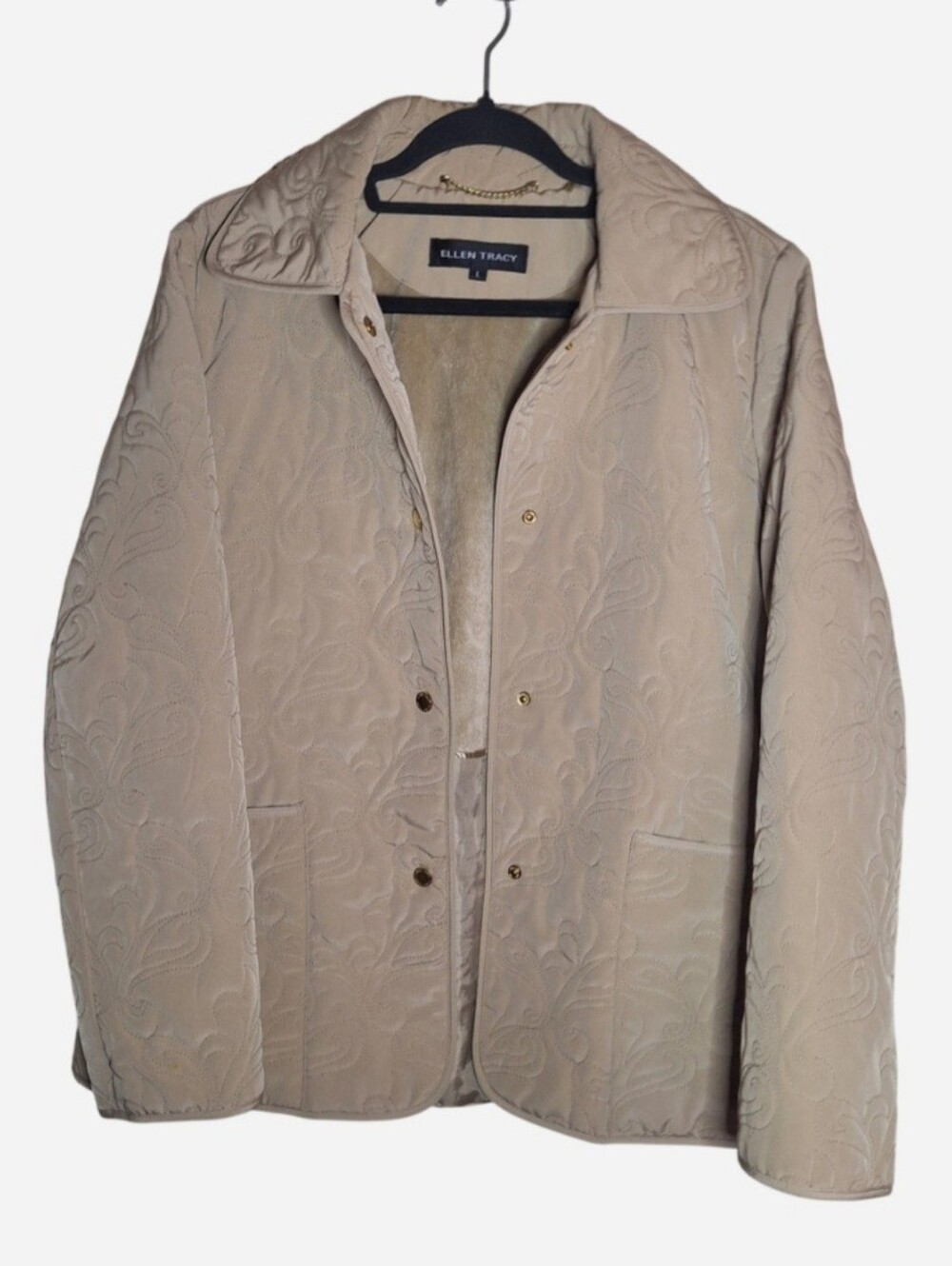 Ellen Tracy Beige Quilted Swirl Embroidered Light Jacket Gold Button Wmns Large